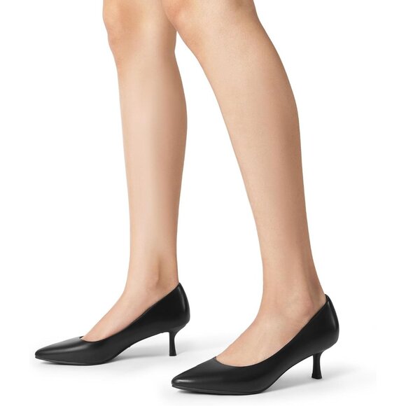 Women's Black Leather Pumps Pointed Toe Kitten Heels Party Wedding Dress Shoes - Picture 7 of 7